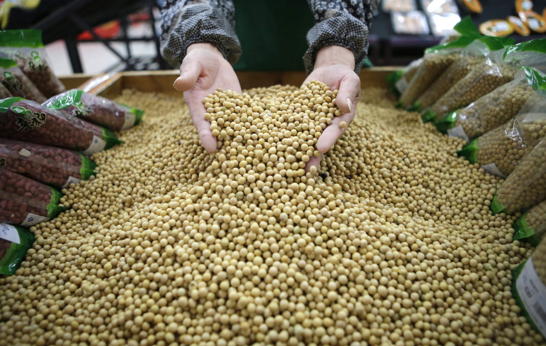 An employee picks out bad beans from a pile of soybeans at a supermarket in Wuhan